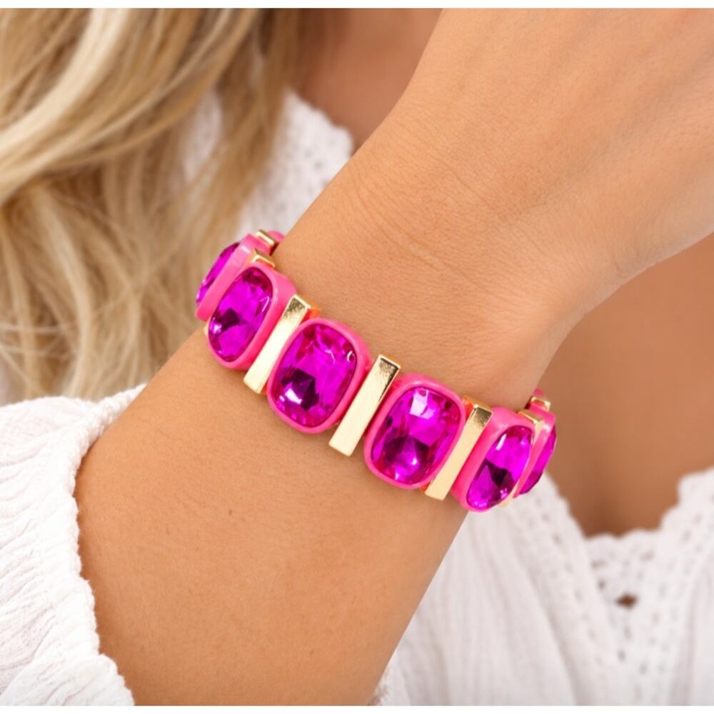 Pink Alloy Crystal Inlay Stretch Bracelet - Picture 2 of 2